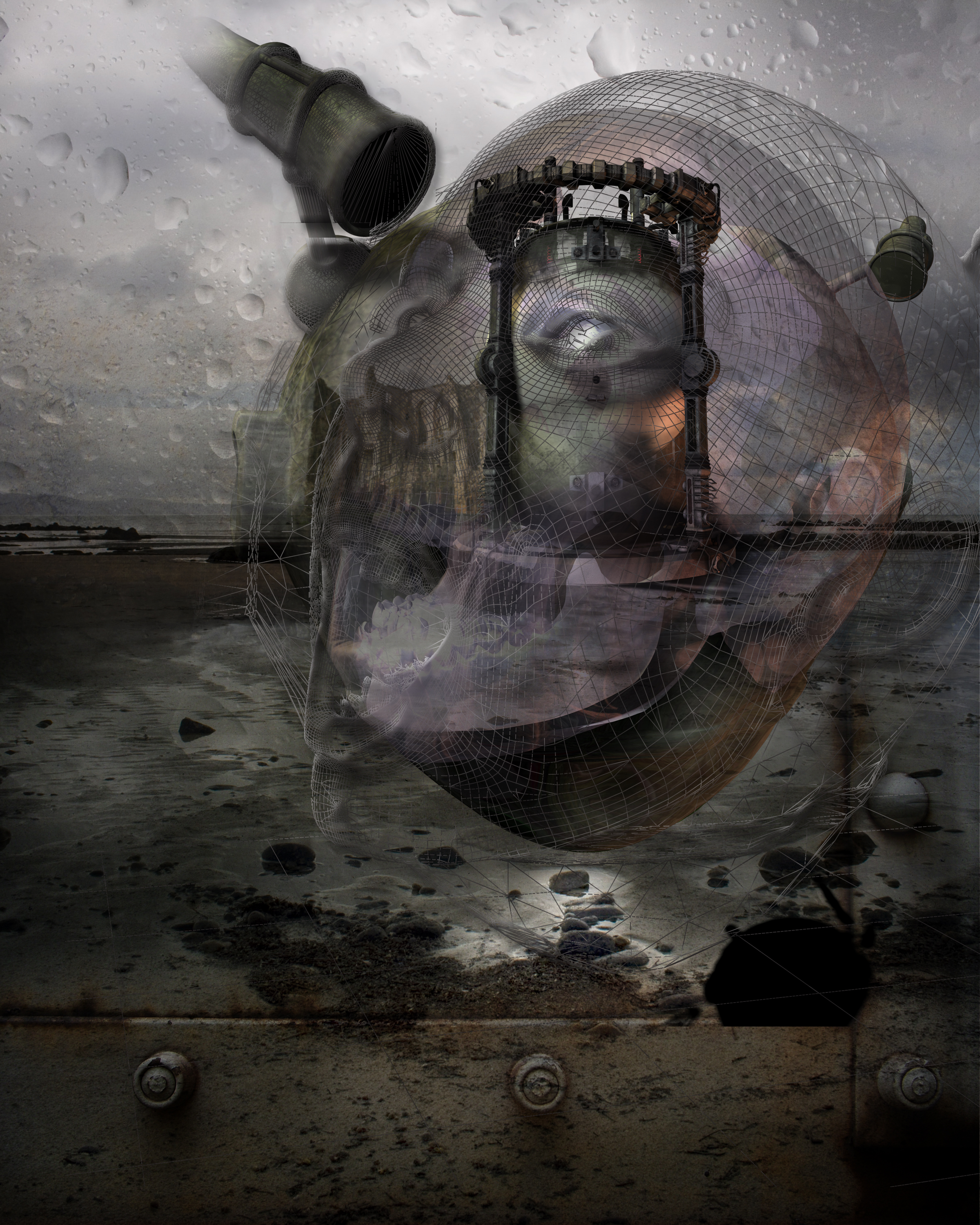 Surreal image of rainy gray beach framed at bottom with rusted metal plate. Large glass steampunk pressure chamber in distance, visible through open-mouthed female head rendered in wireframe, with wireframe skull underneath. The head looks through the wrong end of a piece of telescope equipment attached to itself.