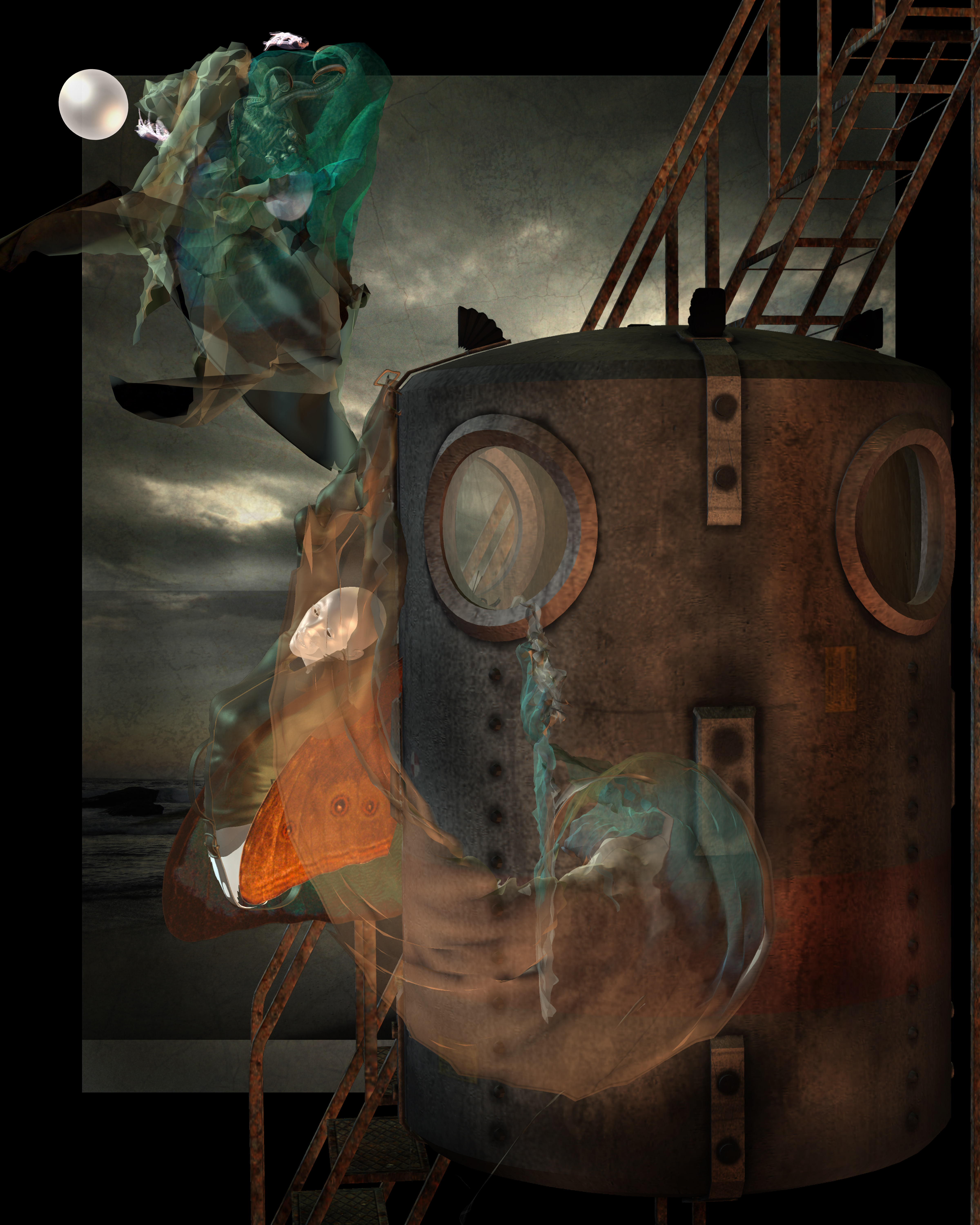 Surreal image of cocoon-like woman attached to side of steampunk pressure chamber, rusty colors. Stormy sky and beach in background. Peacock green scarf with half hidden objects inside floats in air, together with large pearl.