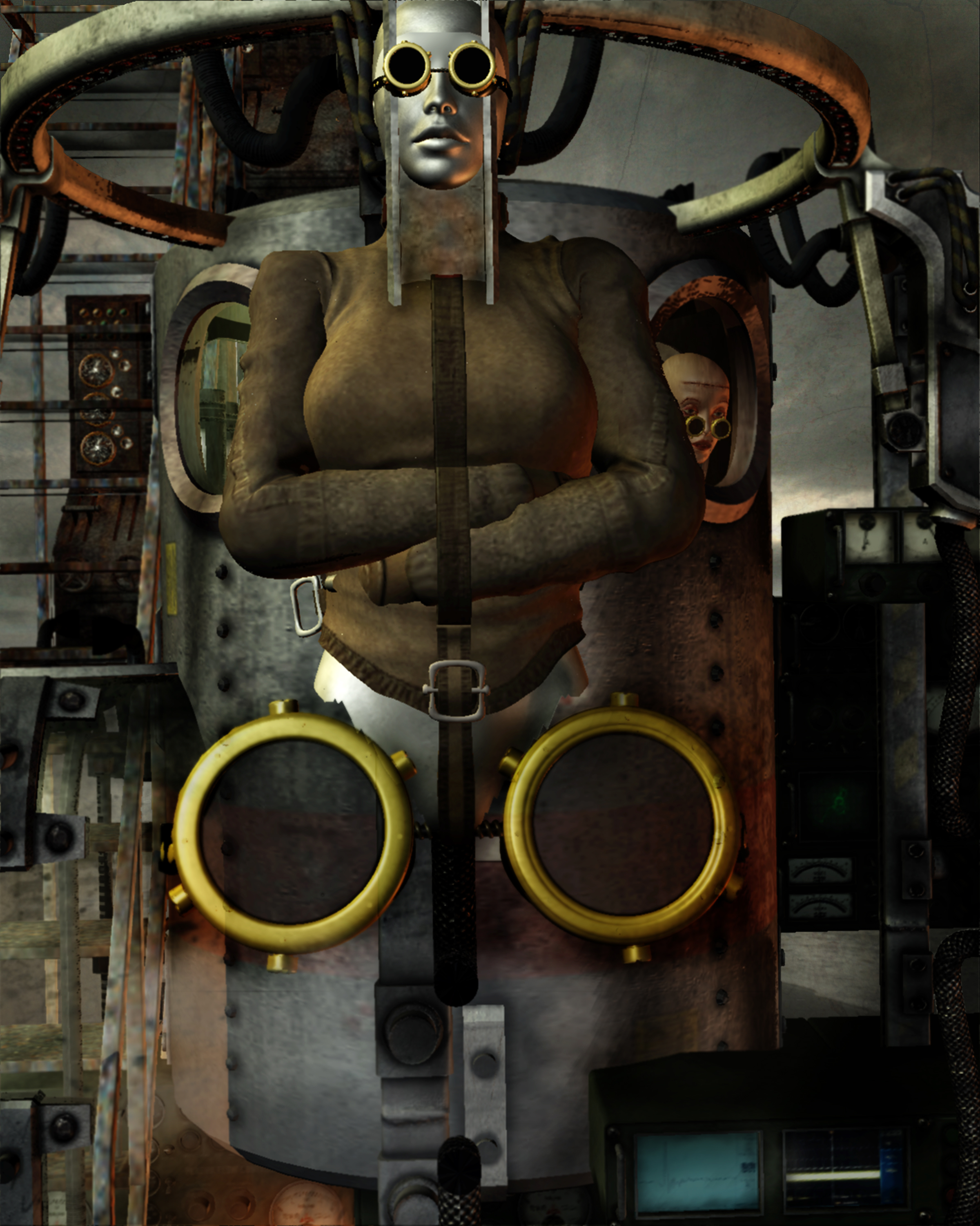 Confrontational-appearing steampunk cyborg of woman with metallic skin in straitjacket, wearing black-lensed goggles, attached to pressure tank, larger goggles at hip level. Various vacuum tube instruments attached to tank. Woman’s face with same features as cyborg visible at round tank window as she peers from inside. Stormy sky in background.