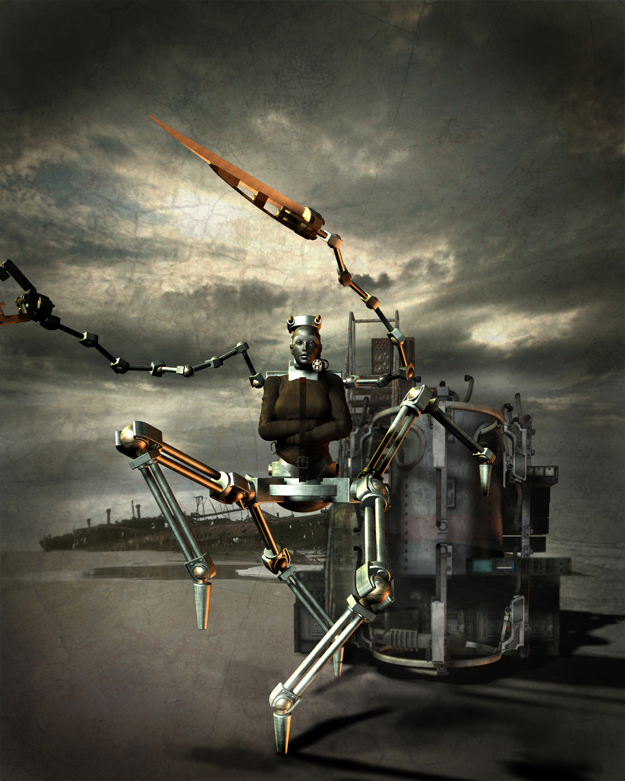 Bio-mech hybrid of straitjacketed metallic-skinned woman with 4 mechanical legs and 2 waving upper limbs, one with grasper-claw, one with blade, striding spider-like away from large steampunk pressure tank assemblage on windswept beach. Rusted shipwreck in background.