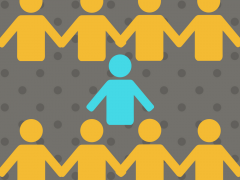 Graphic of human head and trunk symbols. Most are yellow but the one in the middle is blue.